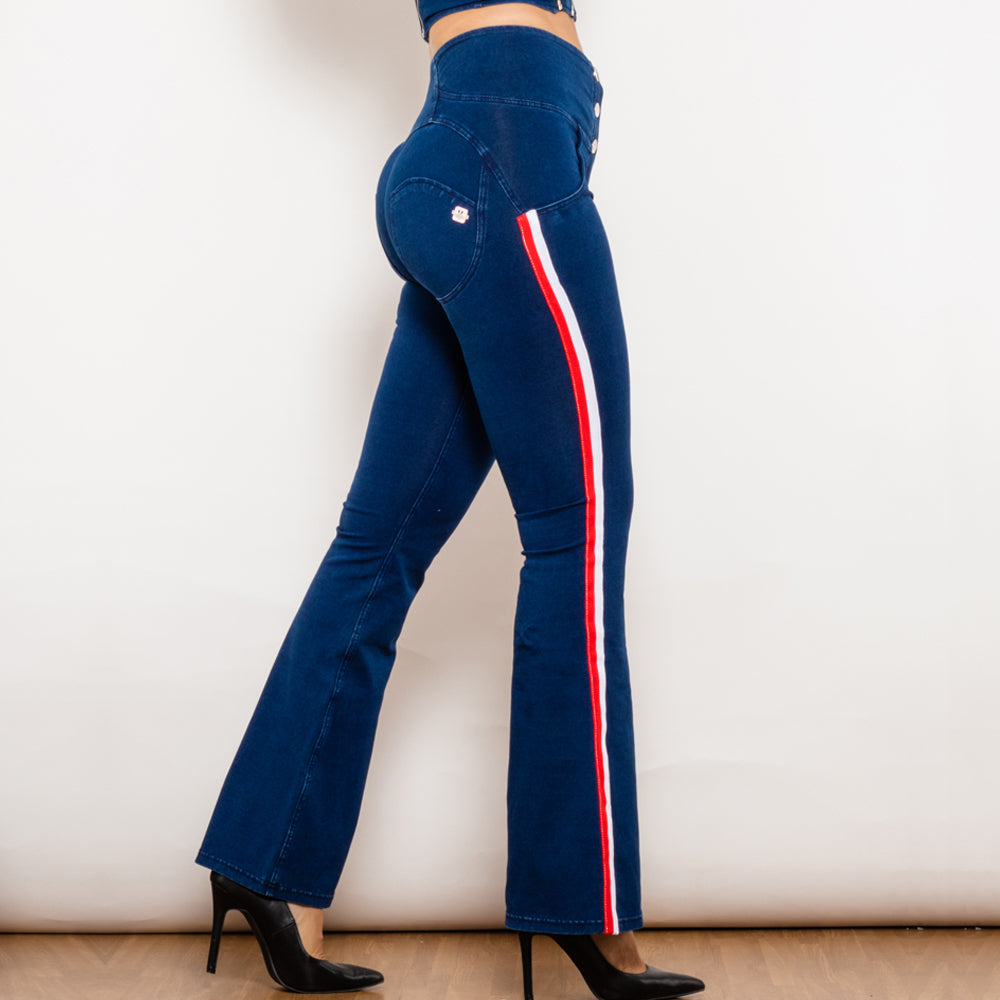 Shascullfites Melody-Jeggings acampanados a rayas de color azul oscuro, vaqueros con botones, vaqueros con realce de trasero, vaqueros acampanados de cintura alta para mujer