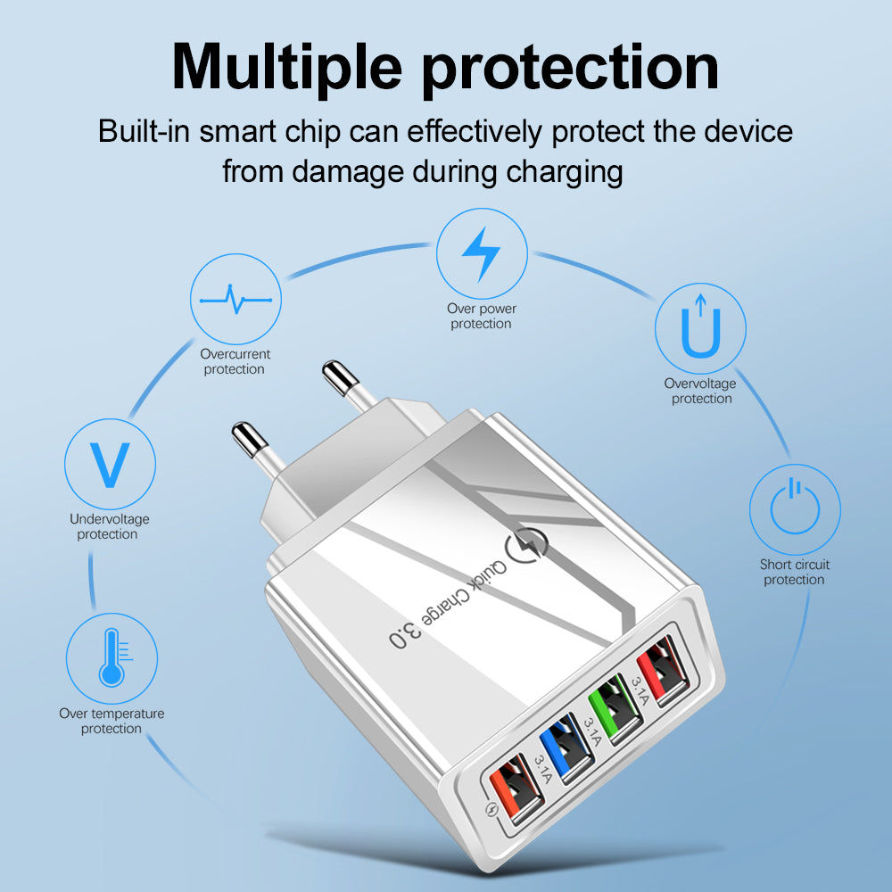 Cargador USB de carga rápida 3,0, 4 adaptadores de teléfono para tableta, cargador móvil de pared portátil, cargador rápido