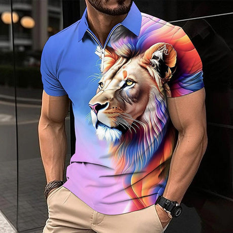 Polo Golf Shirt Animal Lion Pattern Printed Flanging Short Sleeve