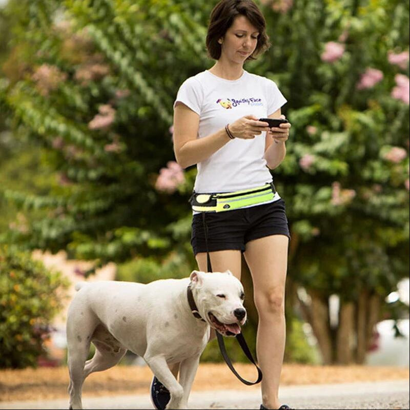 Correa para perro manos libres Cinturón de entrenamiento y paseo para mascotas con correa elástica que absorbe los golpes para perros grandes de hasta 180 libras Bolsillo para teléfono y soporte para botella de agua