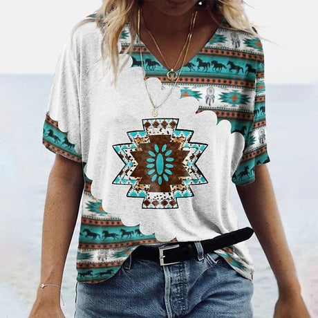 Women's Geometric Printed Short-sleeved Casual V-neck T-shirt