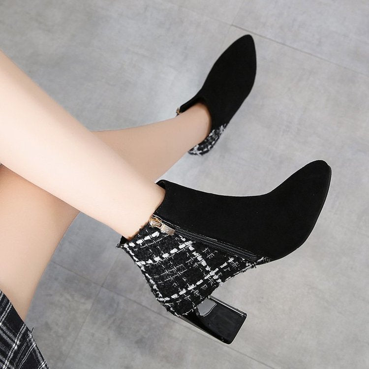 Chunky Heel Ankle High Heels Women's Pointed-toe Boots British Style Short Boots