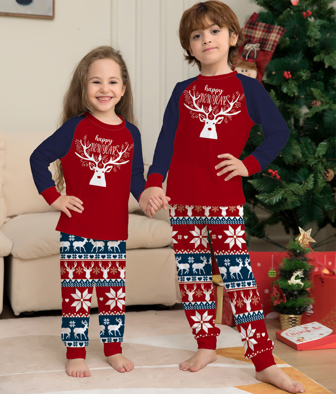 Traje de pijama de ropa de hogar para padres e hijos de Navidad de alce a juego de colores