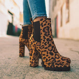 Botas hasta el tobillo con punta redonda, zapatos de tacón alto cuadrados gruesos con estampado de leopardo liso, moda informal para mujer, botas de fiesta de ante para otoño e invierno