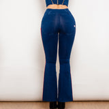 Shascullfites Melody-Jeggings acampanados a rayas de color azul oscuro, vaqueros con botones, vaqueros con realce de trasero, vaqueros acampanados de cintura alta para mujer