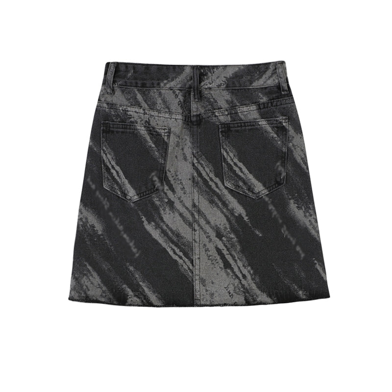 Women's Retro Gray Tie Dyed Letter Printed Denim Skirt