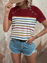 Women's Summer Stripes Printed Stitching Button Short-sleeved Casual Top