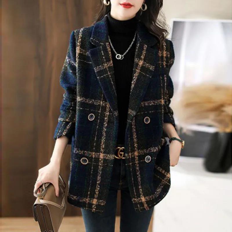 Abrigo Moda Adelgazante Retro Plaid Patchwork Lana Traje Femenino