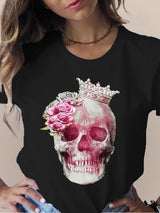 Camiseta de manga corta con cuello redondo y estampado de flores y calaveras para mujer