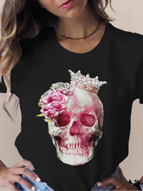 Women's Skull Flower Printed Round Neck Short Sleeve T-shirt