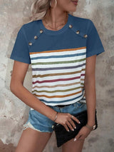 Women's Summer Stripes Printed Stitching Button Short-sleeved Casual Top