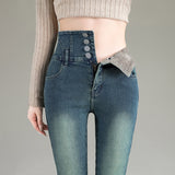 Women's Fashion Temperament High Waist Fleece Padded Jeans