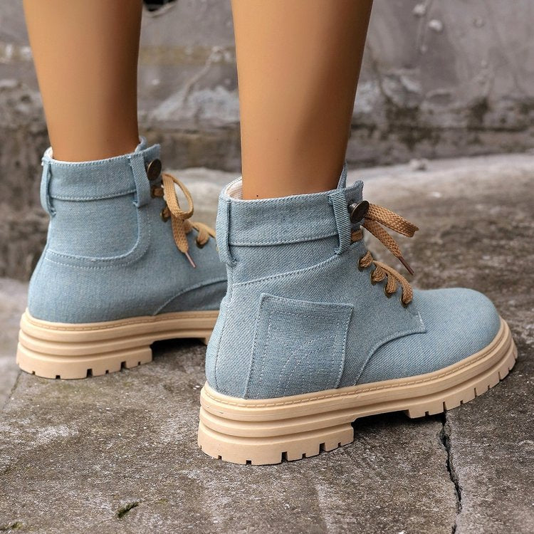 Lace-up Denim Ankle Boots Women Fashion Platform Cowboy Boots Casual Fashion Autumn Winter Round Toe Shoes