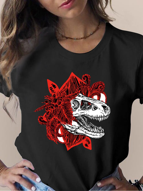 Camiseta de manga corta con cuello redondo y estampado de flores y calaveras para mujer