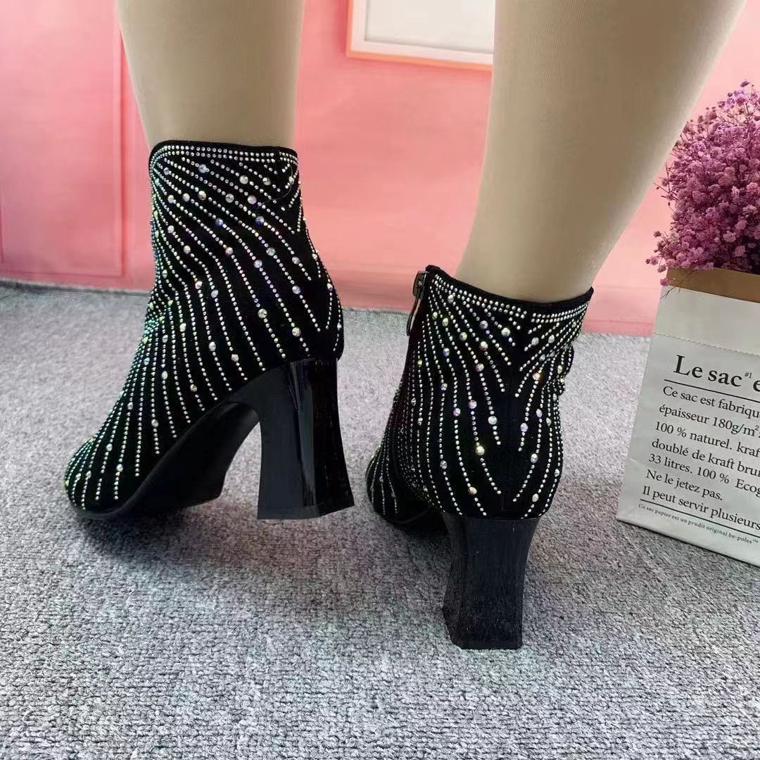 New Pointed Toe Anti-collision High Heel Starry Rhinestone Booties Women