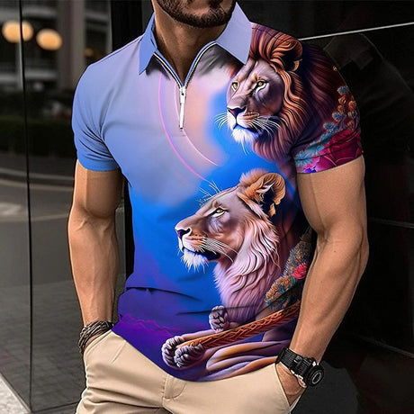 Polo Golf Shirt Animal Lion Pattern Printed Flanging Short Sleeve