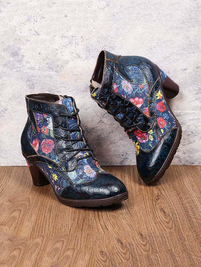 Cowhide Ethnic Side Zipper Retro High Heel Boots