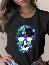 Women's Skull Flower Printed Round Neck Short Sleeve T-shirt