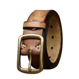 Men's Cowhide Vintage Distressed Pleated Brass Buckle Belt