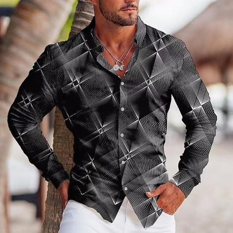 Camisa de solapa de manga larga con estampado colorido para hombre