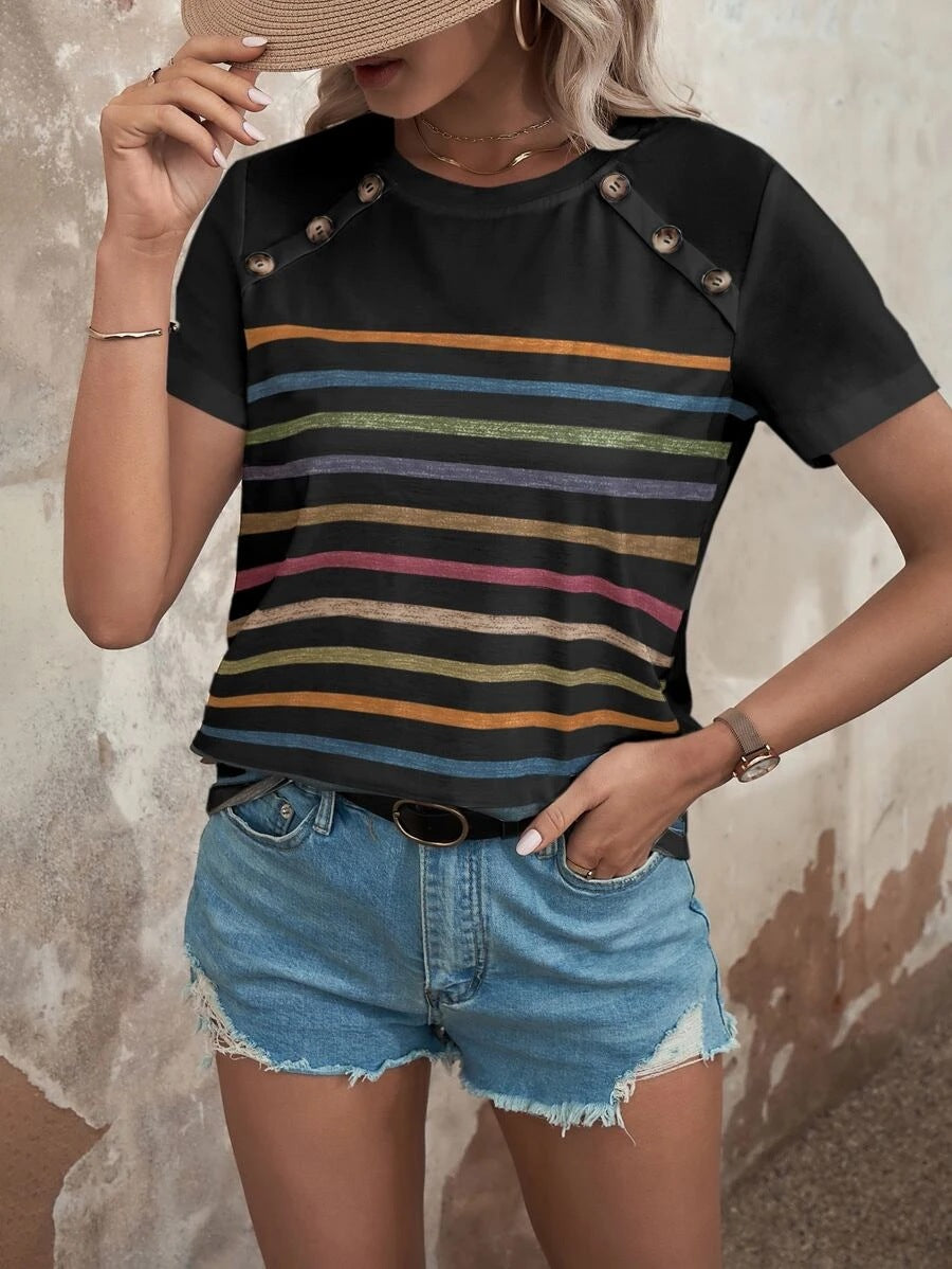 Women's Summer Stripes Printed Stitching Button Short-sleeved Casual Top