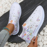 Large Size Printed Rhinestone Low Top Women's Breathable Flyknit Mesh Shoes