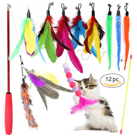 Pet Cat Toy Feather Retractable Bell Replacement Fishing Head Fishing Rod 12-piece Set