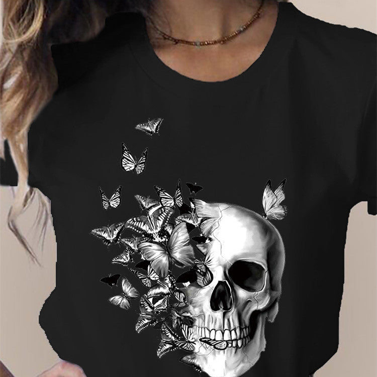 Camiseta de manga corta con cuello redondo y estampado de flores y calaveras para mujer