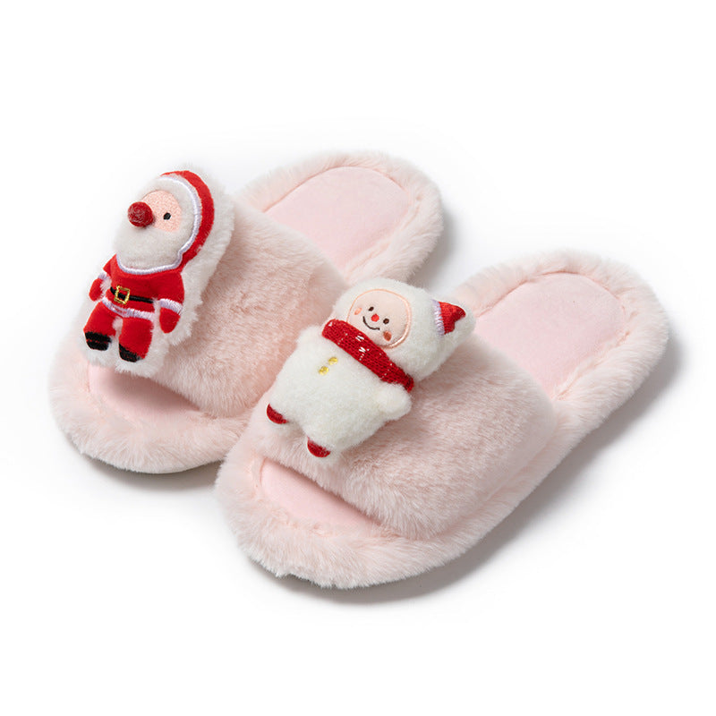 Christmas Shoes Ins Santa Claus Open-toe Cotton Slippers Winter Home Indoor Floor Plush Warm Furry Slippers Women