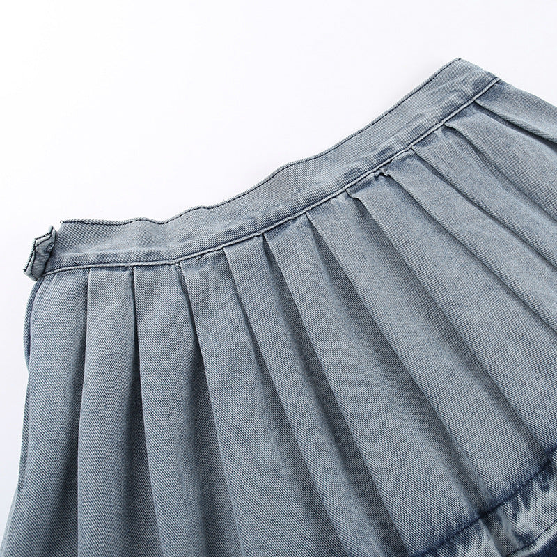 All-matching Casual High Waist Pleated Denim Skirt For Women