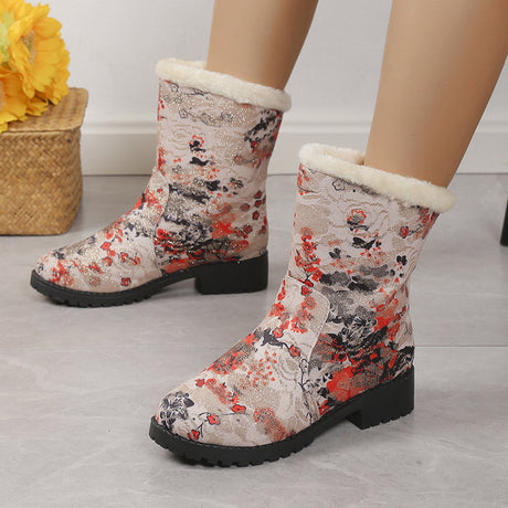 Fashion Flowers Print Ankle Boots With Plush Winter Warm Platform Shoes Women Lightweight Plus Velvet Ankle Boots