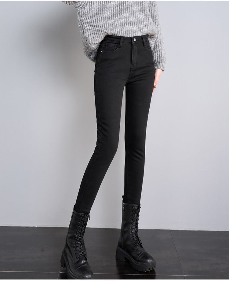 High Waist Velvet Thickening Denim Female Stretch Feet Pants