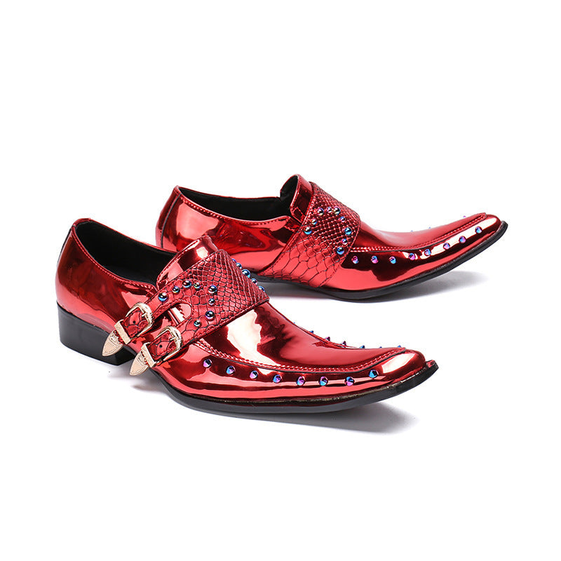 Korean Business Suit Leather Shoes Men's Pointed Patent Leather Embossed Wine Red