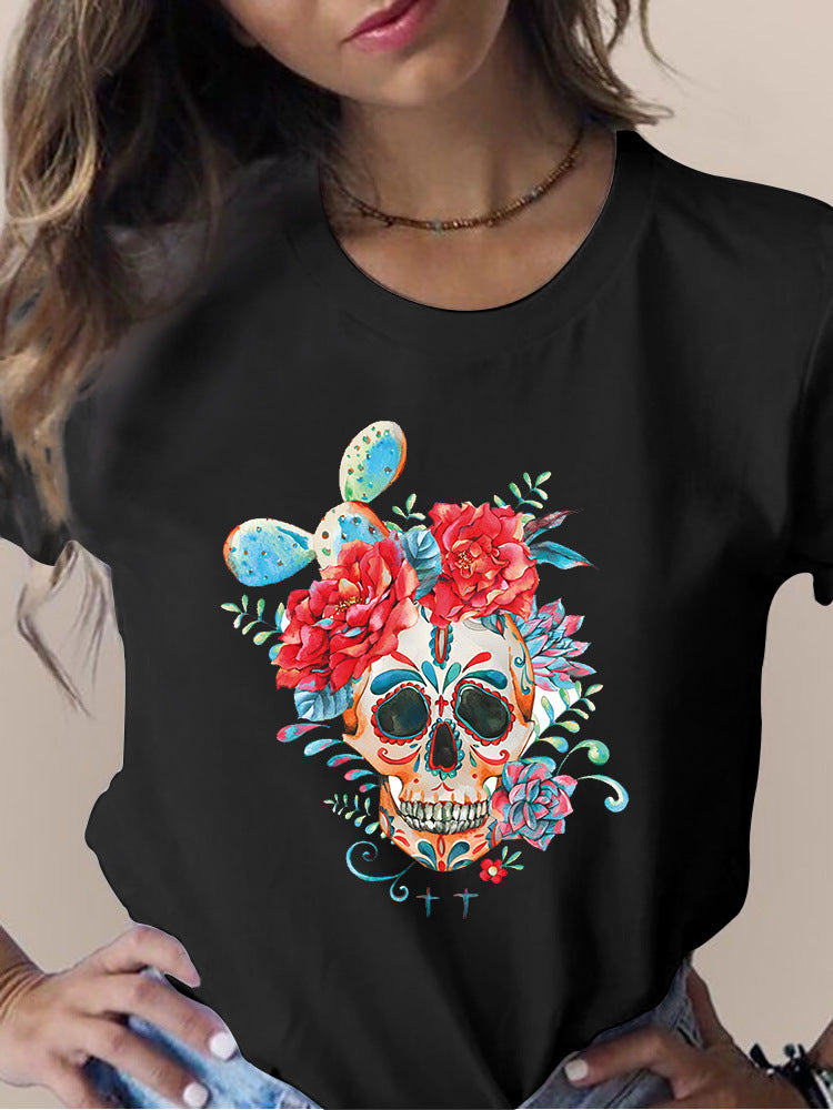 Women's Skull Flower Printed Round Neck Short Sleeve T-shirt