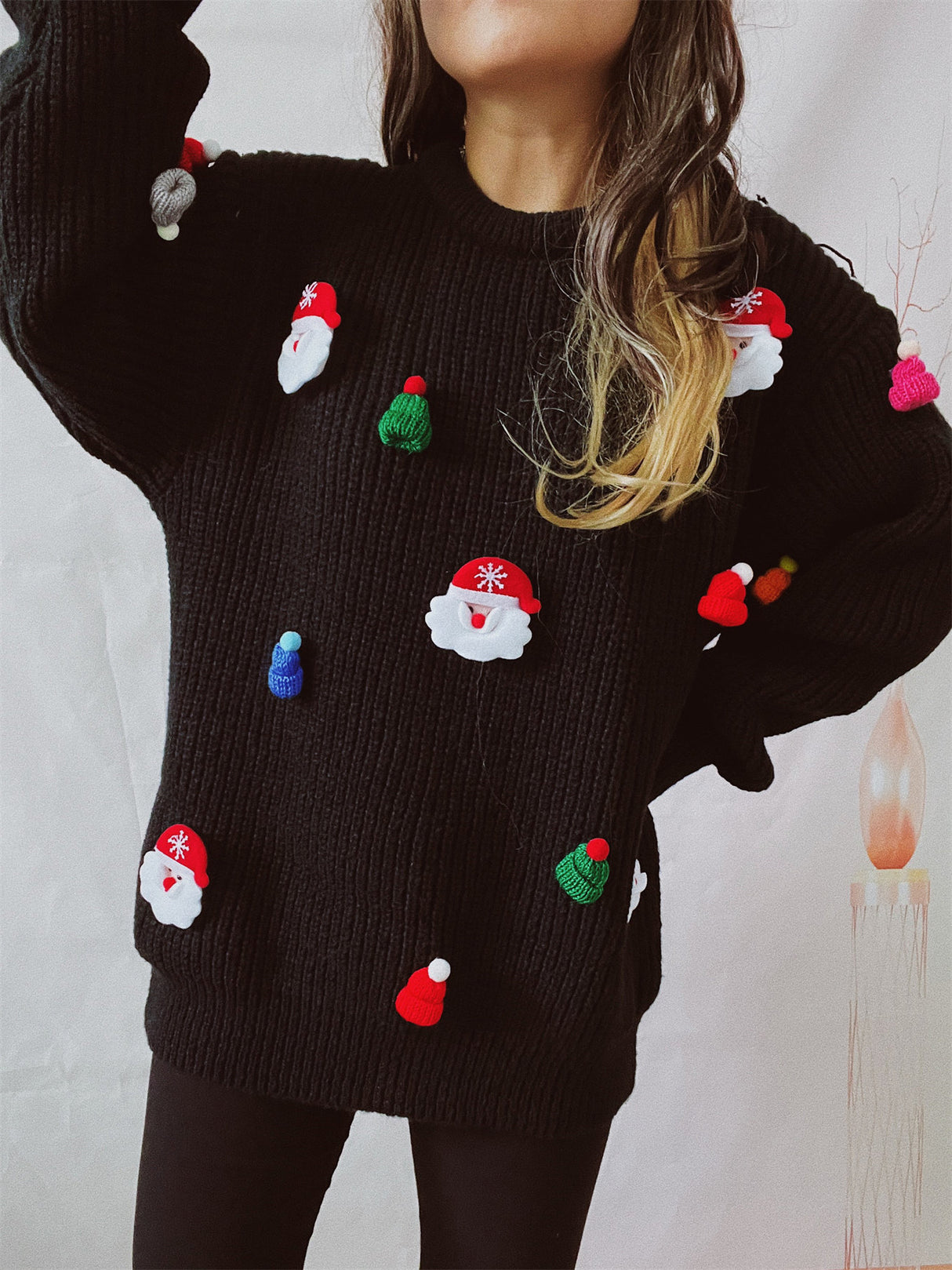 Suéter de manga larga con cuello redondo y decoración tridimensional de Papá Noel a la moda para mujer