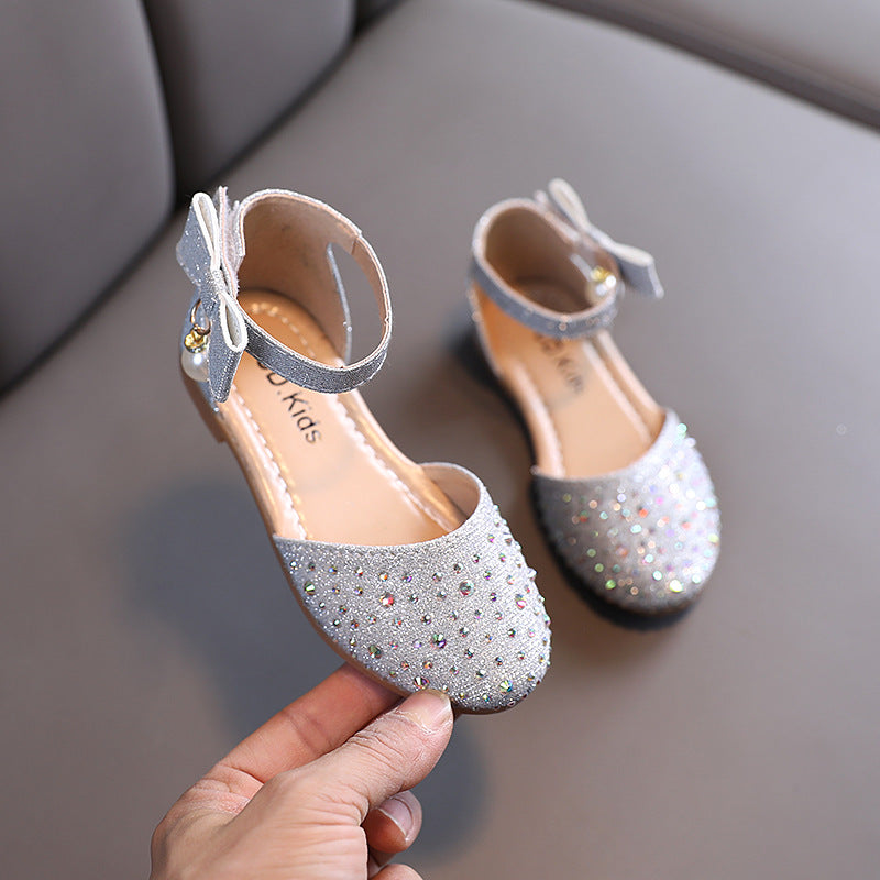 Zapatos de cuero con diamantes de imitación y perlas simples de moda para niños