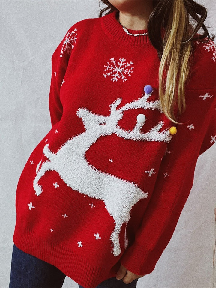 Suéter navideño con bola colorida de jacquard con copo de nieve y ciervo para mujer