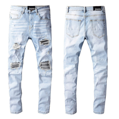 High Street Fashionable Light Blue Broken Hole Jeans