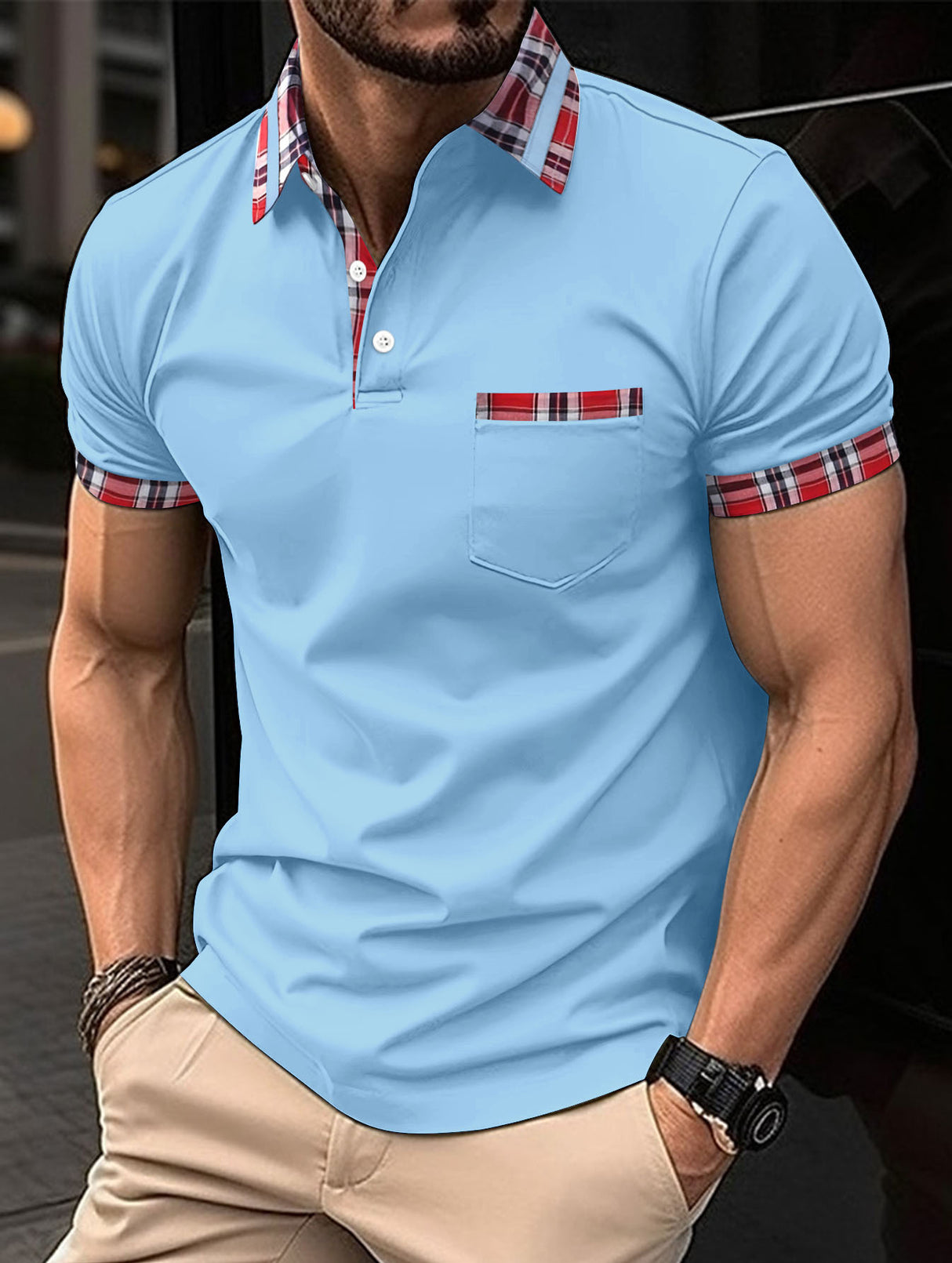 Camiseta deportiva con bolsillo y botones de verano para hombre