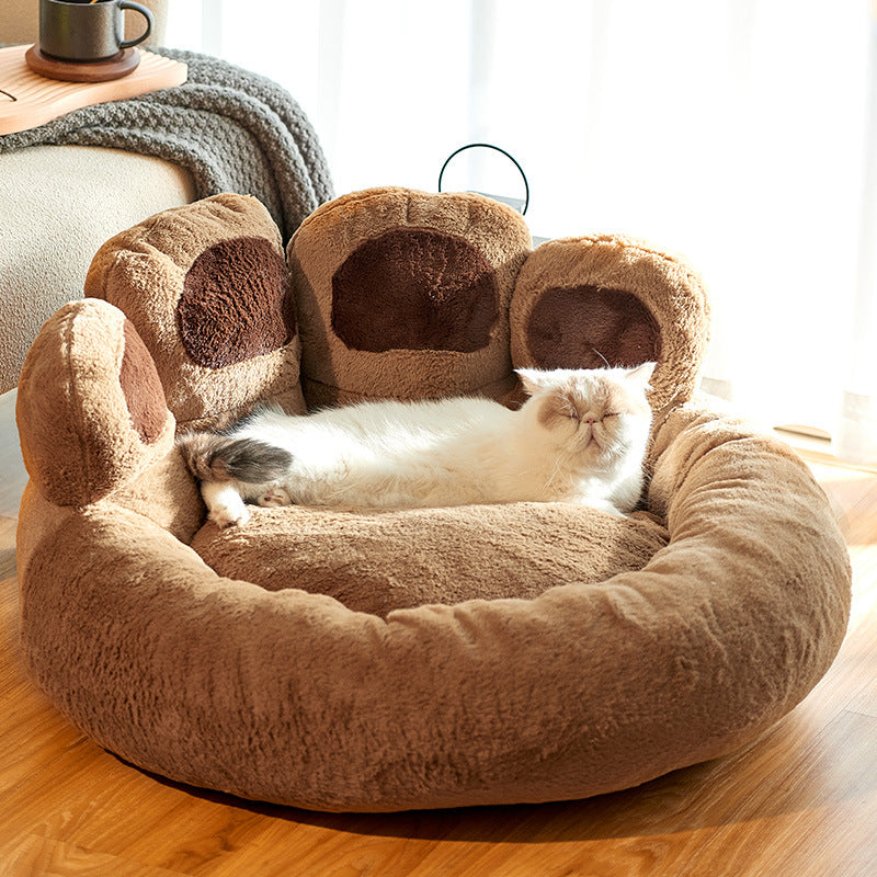 Cama para perros y gatos, estera redonda para mascotas grandes, casa larga de felpa para dormir profundo, cálida forma de pata de oso, cojín súper suave, camas tranquilas