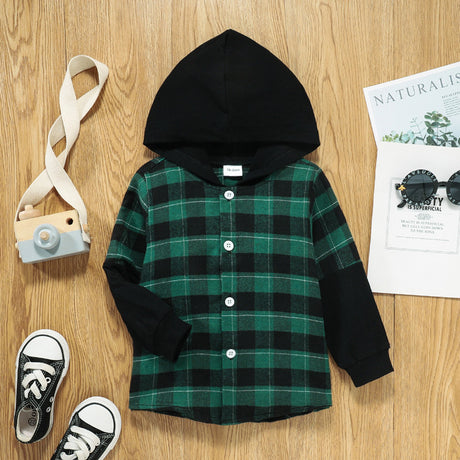 Hooded Plaid Sleeves Single Breasted Top Boys Middle Child Shirt Jacket