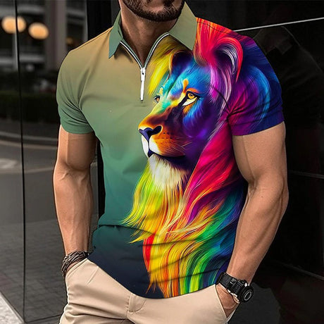 Polo Golf Shirt Animal Lion Pattern Printed Flanging Short Sleeve