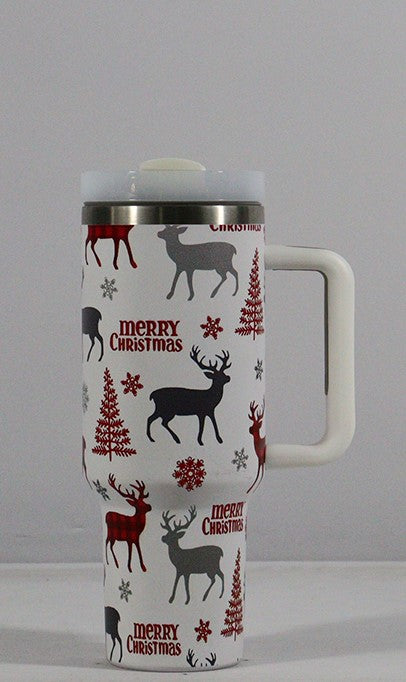 New Christmas Pattern Mug With Handle Lid Straw Drinkware Stainless Steel Vacuum Tumbler Large Capacity Car Travel Coffee Cup