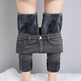 High Waist Velvet Thickening Denim Female Stretch Feet Pants