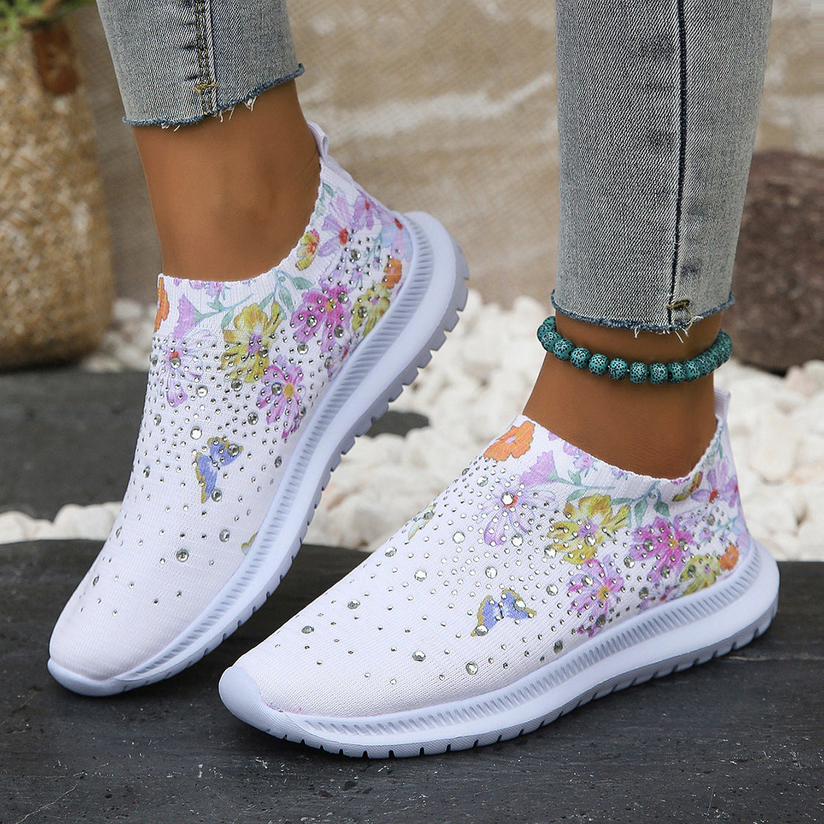 Large Size Printed Rhinestone Low Top Women's Breathable Flyknit Mesh Shoes