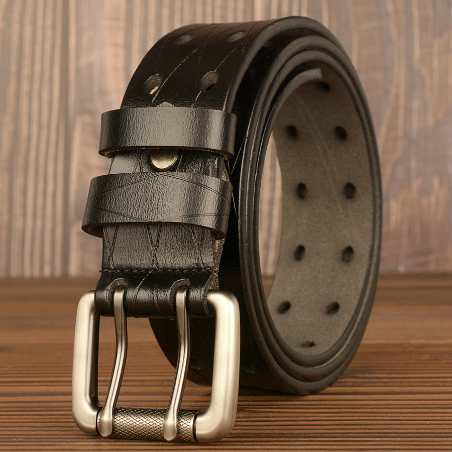 New Double Pin Buckle Men's Belt Cowhide