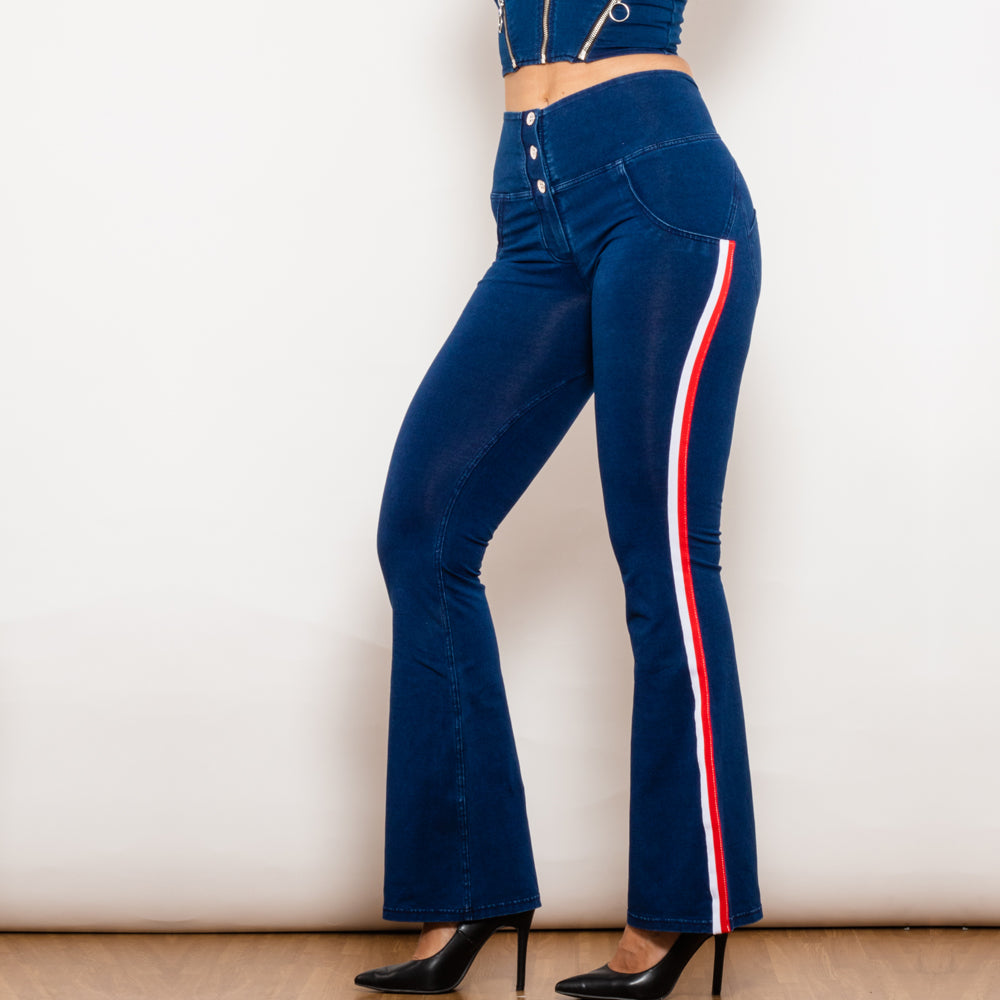 Shascullfites Melody-Jeggings acampanados a rayas de color azul oscuro, vaqueros con botones, vaqueros con realce de trasero, vaqueros acampanados de cintura alta para mujer