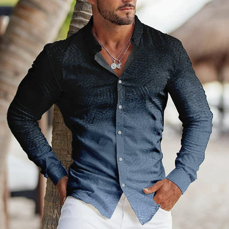 Camisa de solapa de manga larga con estampado colorido para hombre