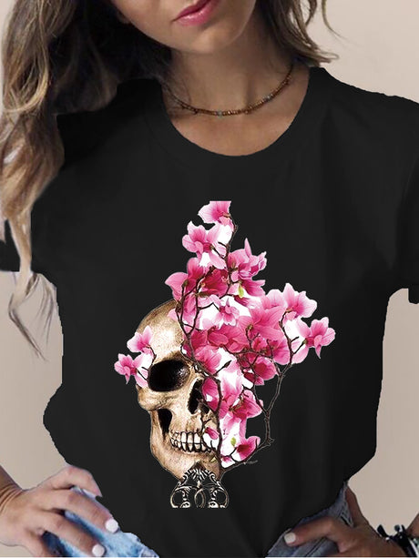 Camiseta de manga corta con cuello redondo y estampado de flores y calaveras para mujer