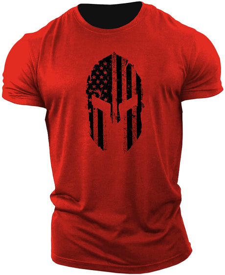 Men's American Flag Helmet Fitness Short Sleeve Cotton Gym T-shirt